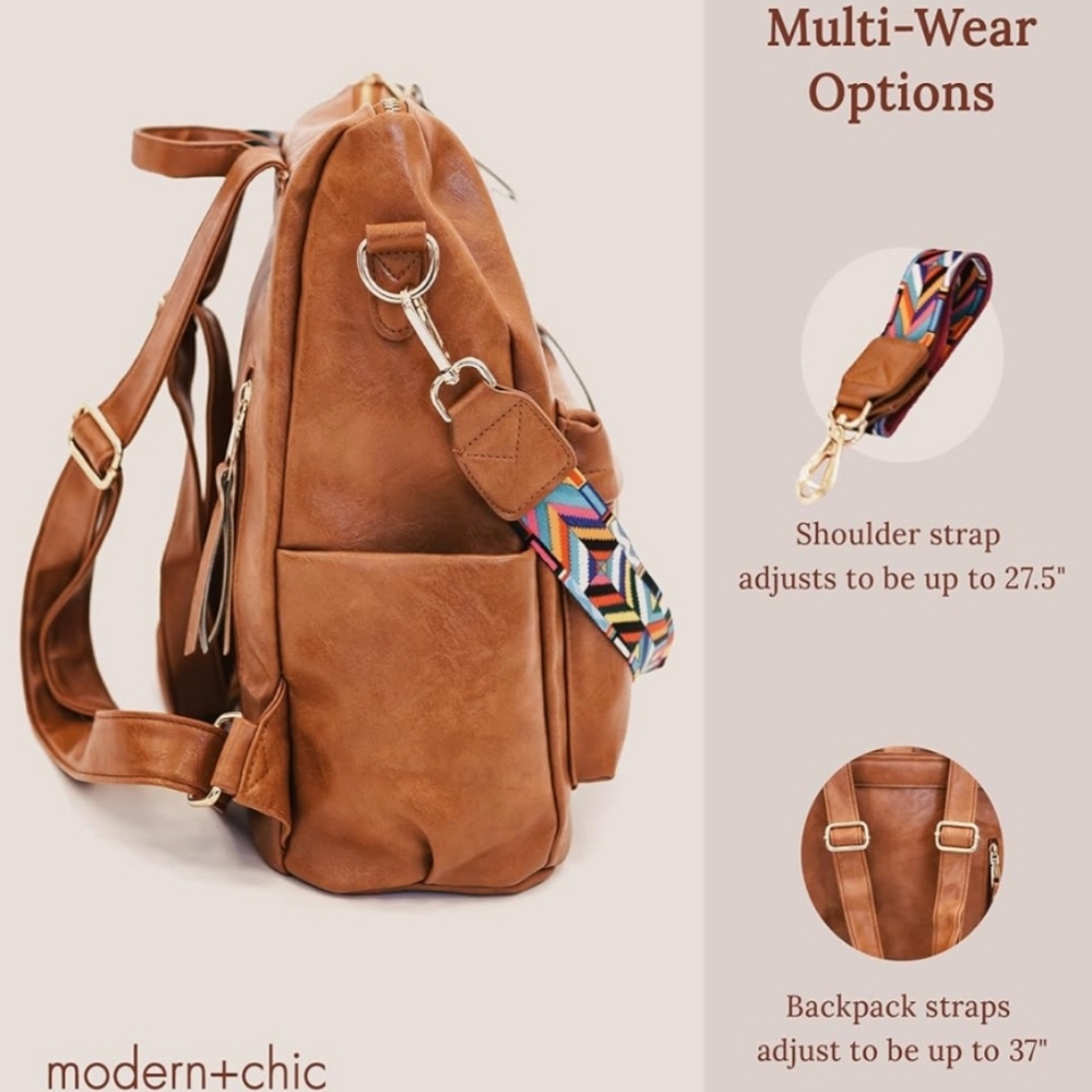 Modern+Chic Brown Backpack/Purse with Colorful Reversible/Removable Strap - Picture 11 of 12